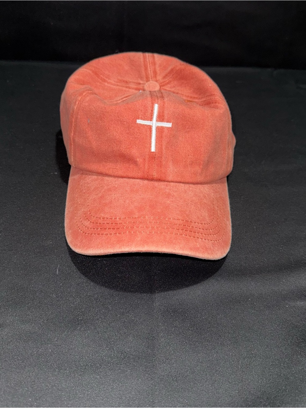Washed Red Baseball Cap with White Cross Embroidery - Unbranded